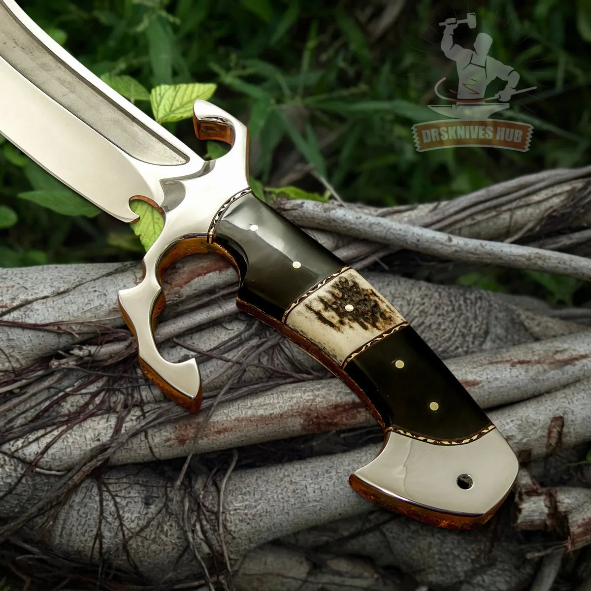 DRSKNIVES HUB handmade Bowie knife featuring a stag antler and bull horn handle with a polished stainless steel guard.
