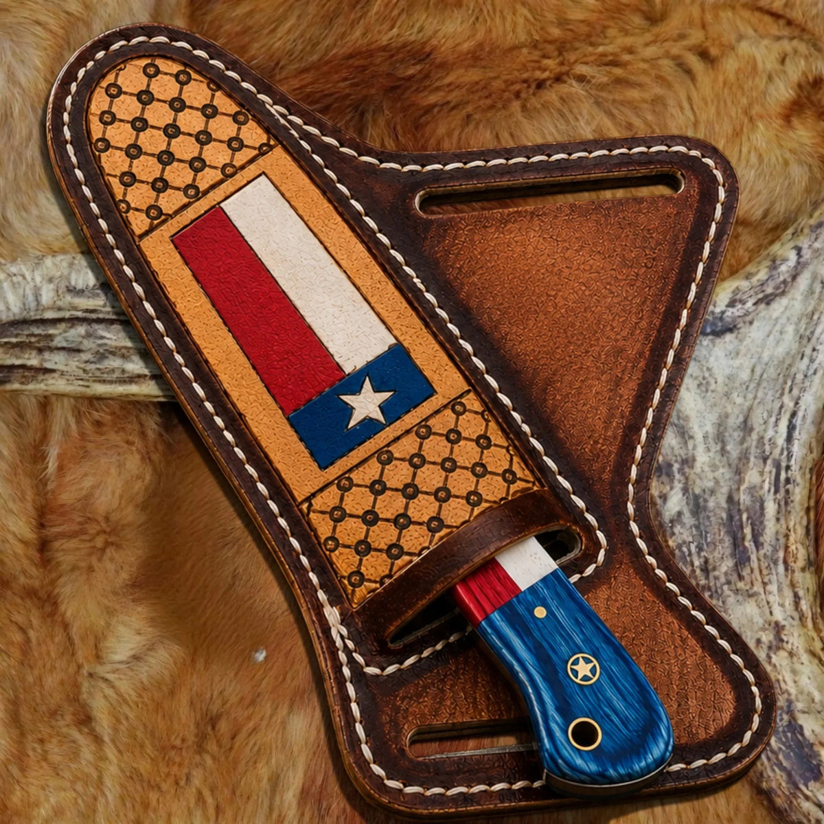 Handmade cowboy knife with flag style wood handle and genuine leather sheath