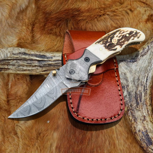 drsknives-hub-damascus-steel-antler-folding-knife - DRSKNIVES HUB