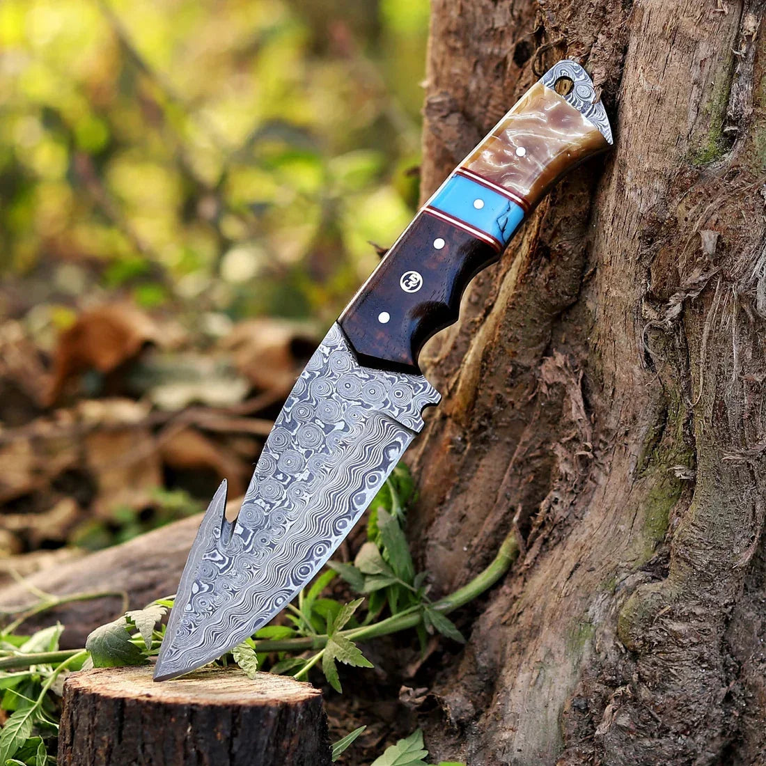 DRSKNIVES HUB 9-inch Damascus steel hunting knife with raindrop pattern blade and rosewood resin handle leaning on tree