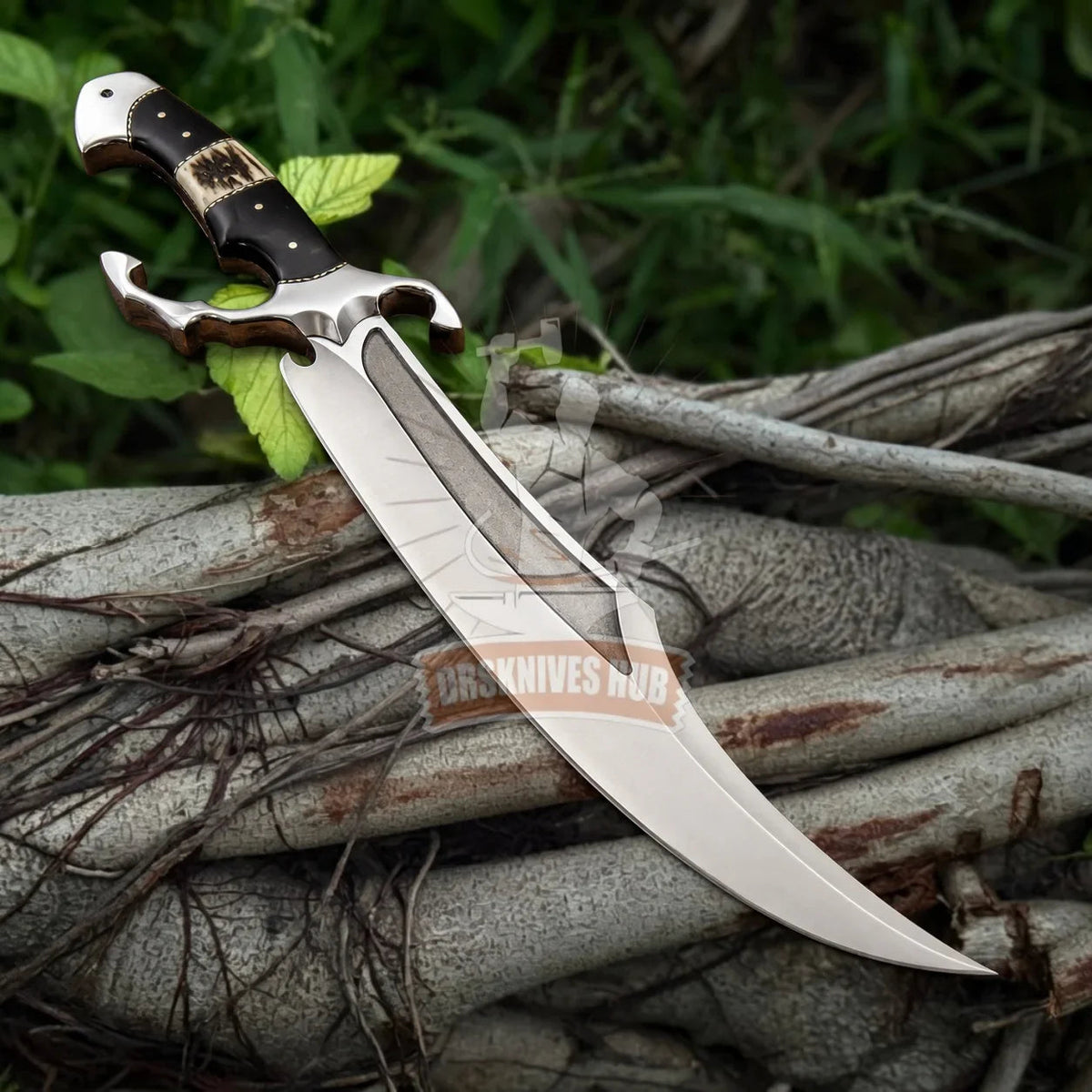 DRSKNIVES HUB handmade Bowie knife with stag antler and bull horn handle, stainless steel guard, and polished blade.