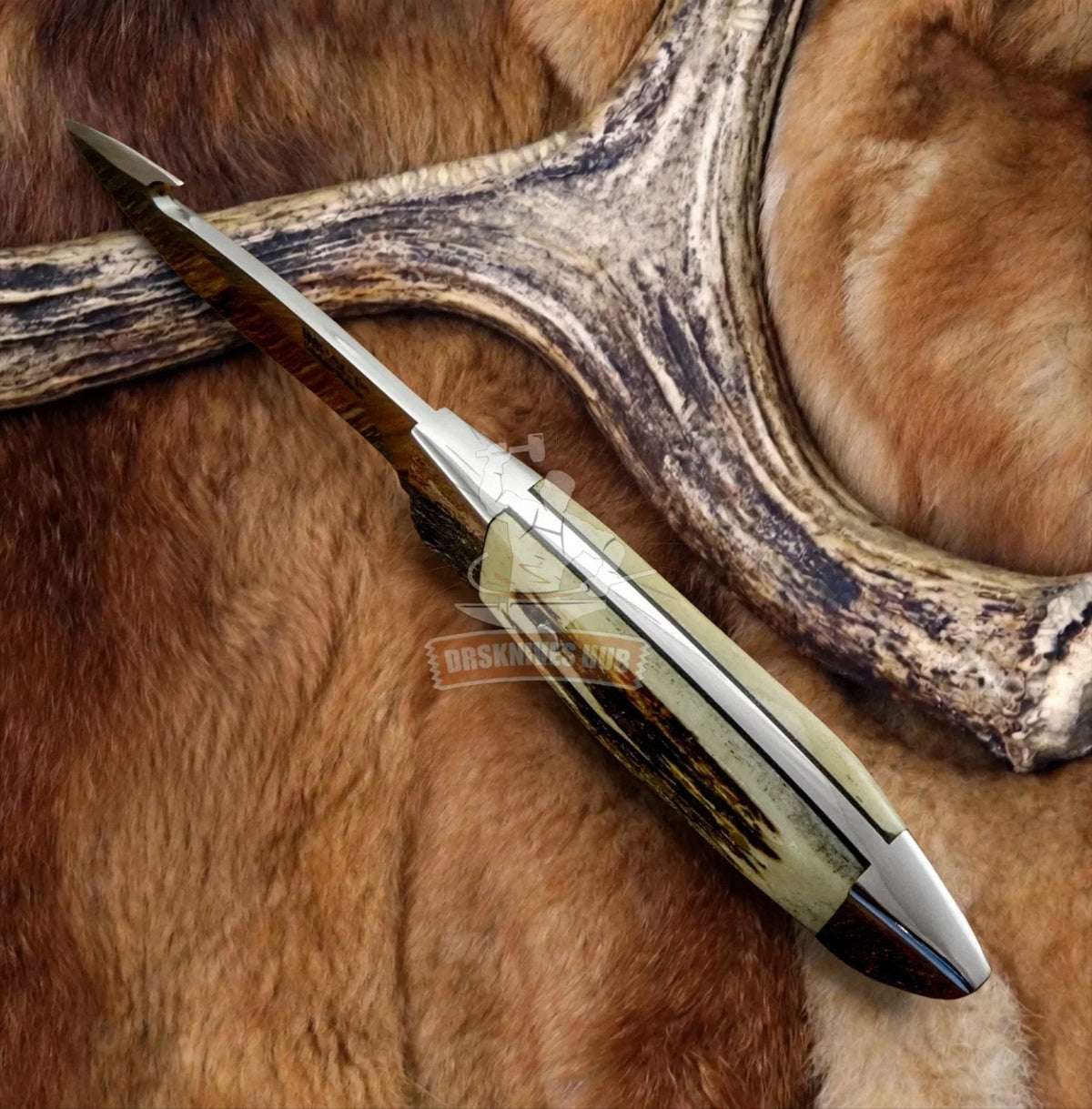 Handmade Mercia Hunter D2 gut hook knife with stag antler handle