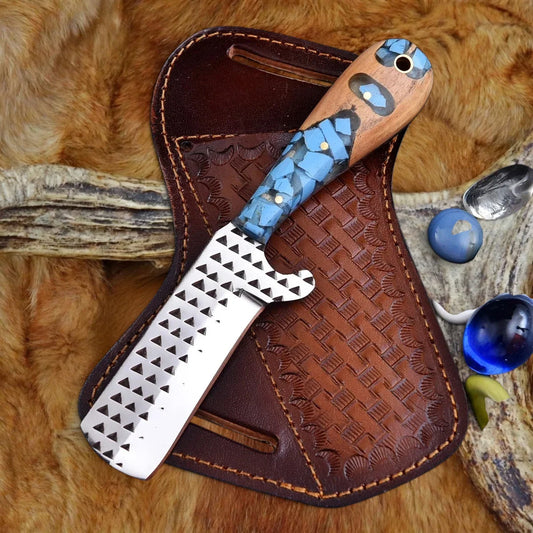 DRSKNIVES HUB handmade rasp steel cowboy knife with a turquoise wooden resin handle and leather sheath