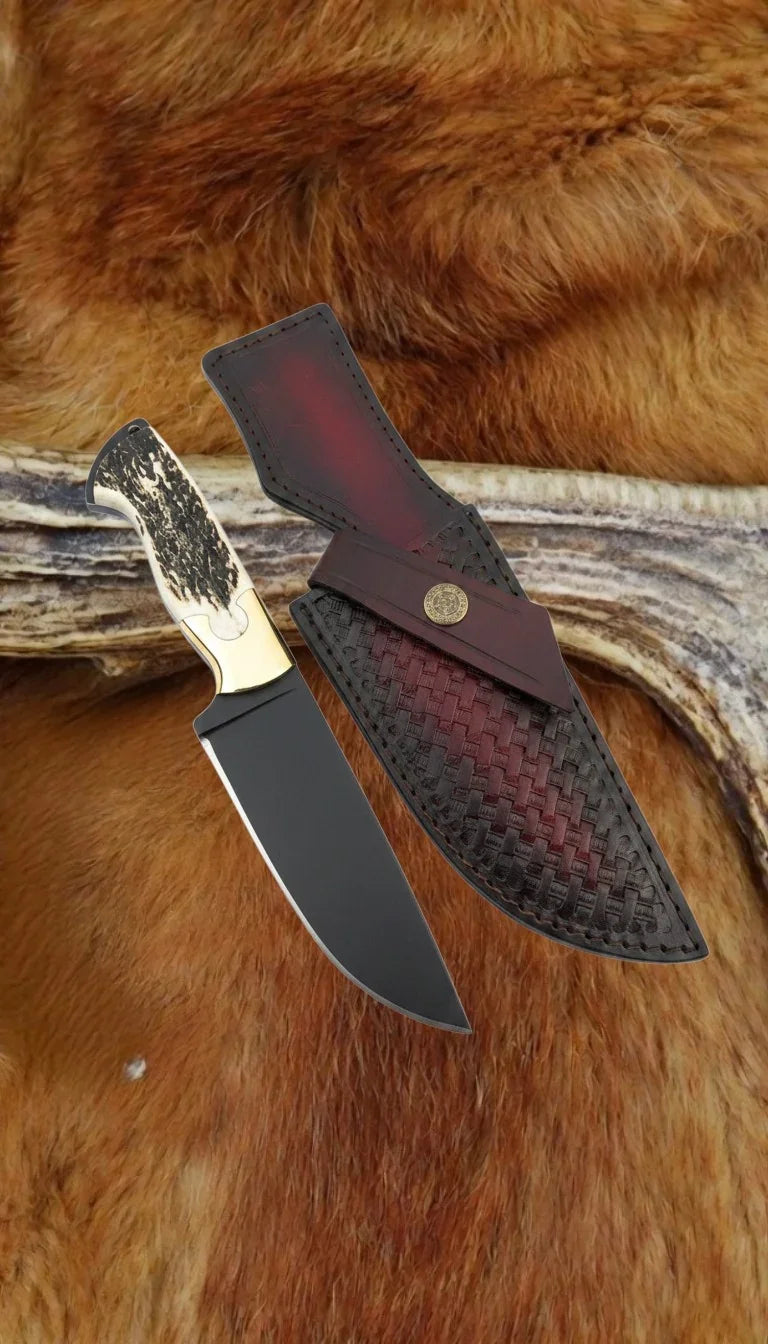 DRSKNIVES HUB 9-inch hunting knife with black carbon steel blade, natural stag handle, and embossed leather sheath.