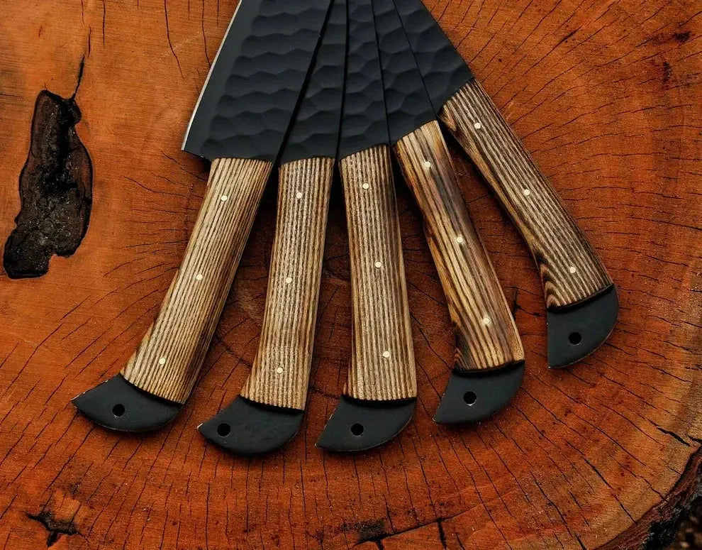 Five-piece Damascus chef knife set with leather roll