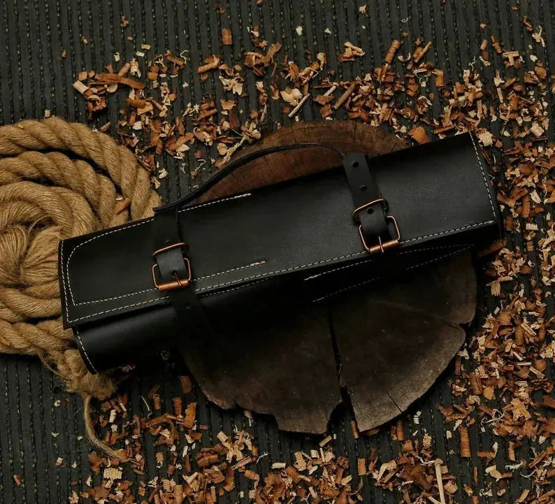Full-tang handmade kitchen knife set with leather roll