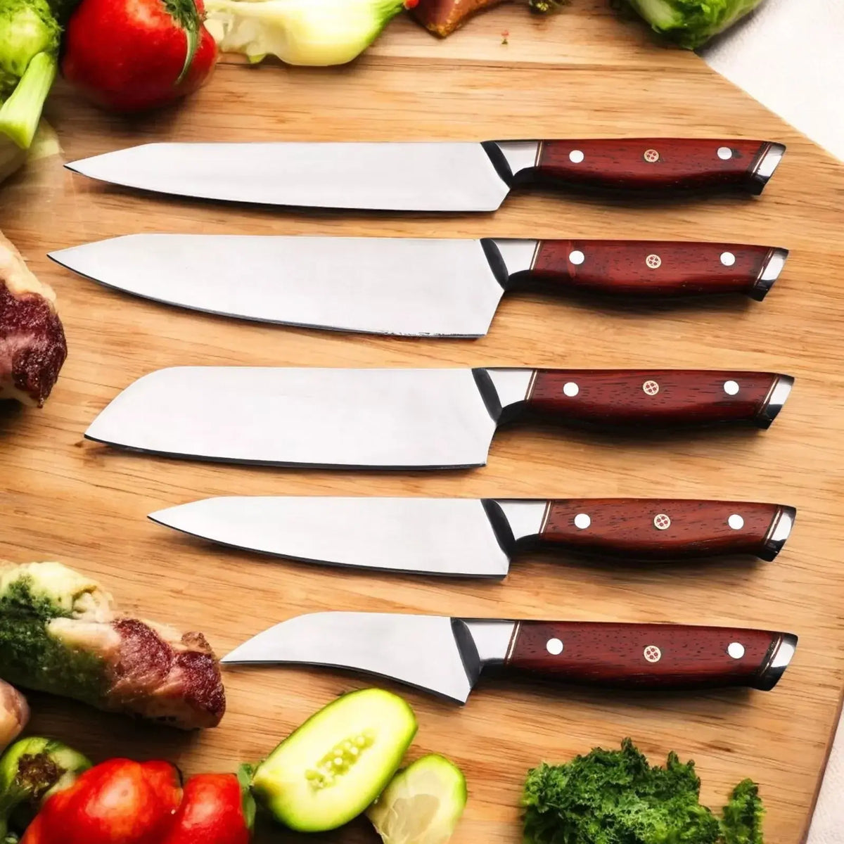 Full-tang kitchen chef knife set with Padauk wood handles