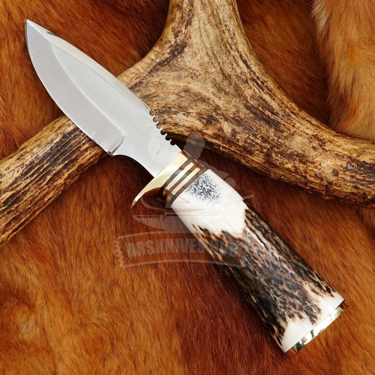 Genuine stag horn handle on handmade D2 hunting knife