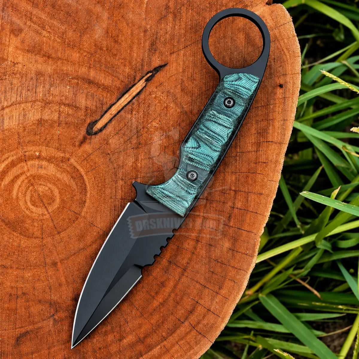 Green Micarta handle on handmade EDC fixed blade knife