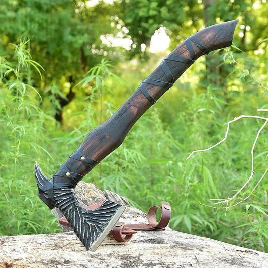Hand forged bearded Viking axe with carbon steel head