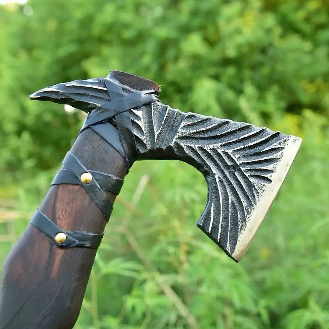 Handmade carbon steel bearded axe with leather sheath