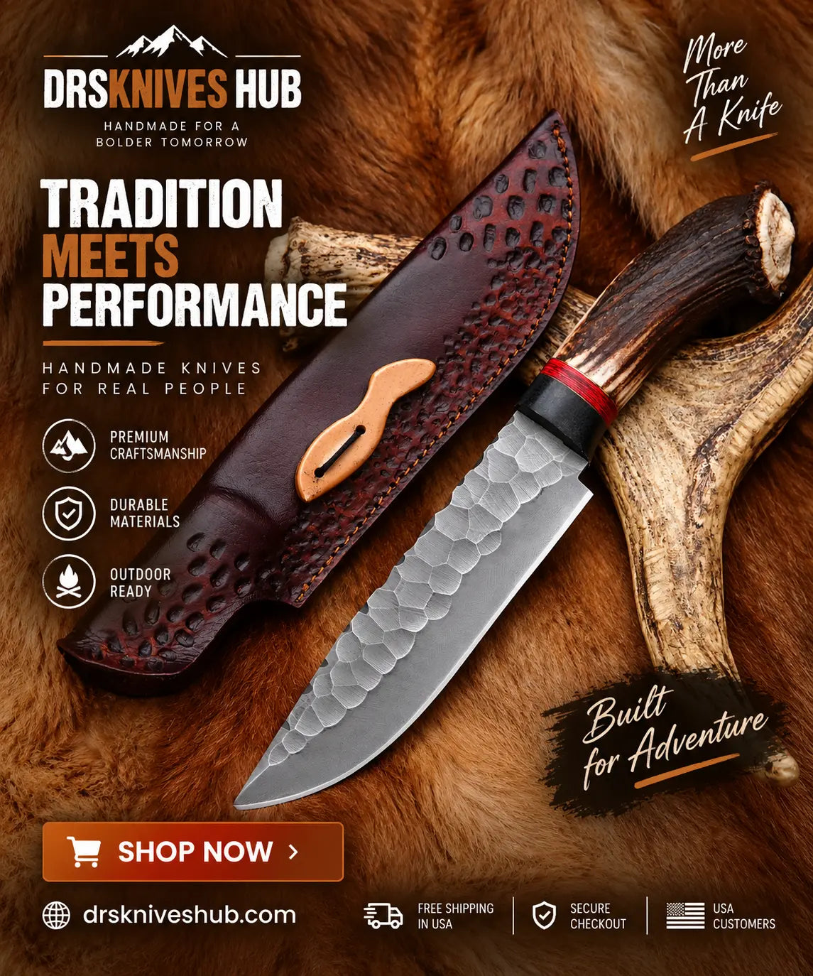 Hand-forged carbon steel hunting knife with genuine deer antler handle and sheath