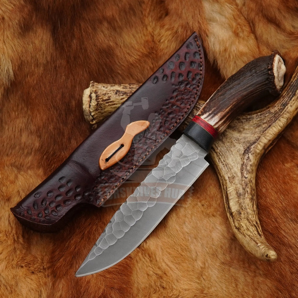 Handmade carbon steel hunting knife with antler handle