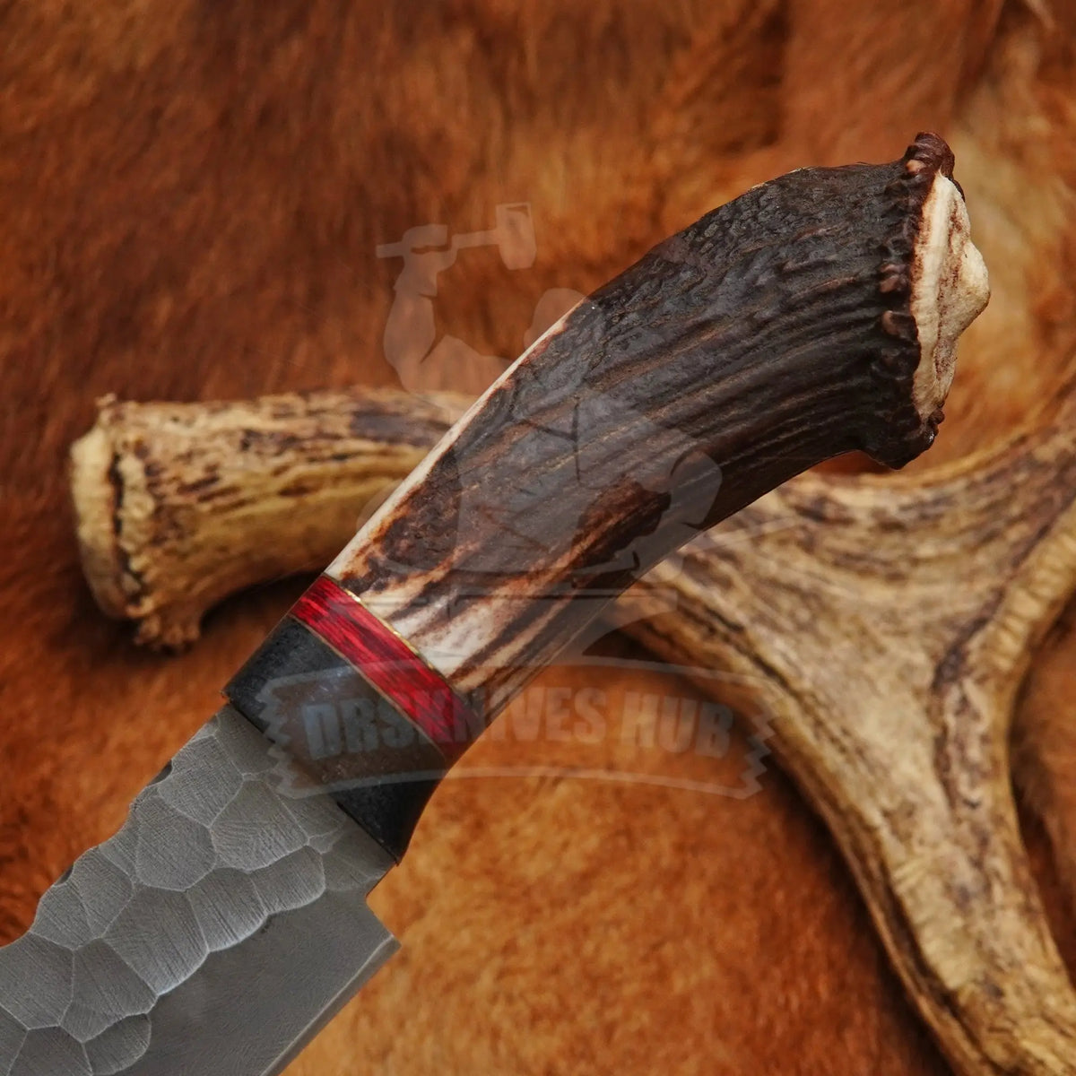 Genuine deer antler handle on handmade carbon steel hunting knife