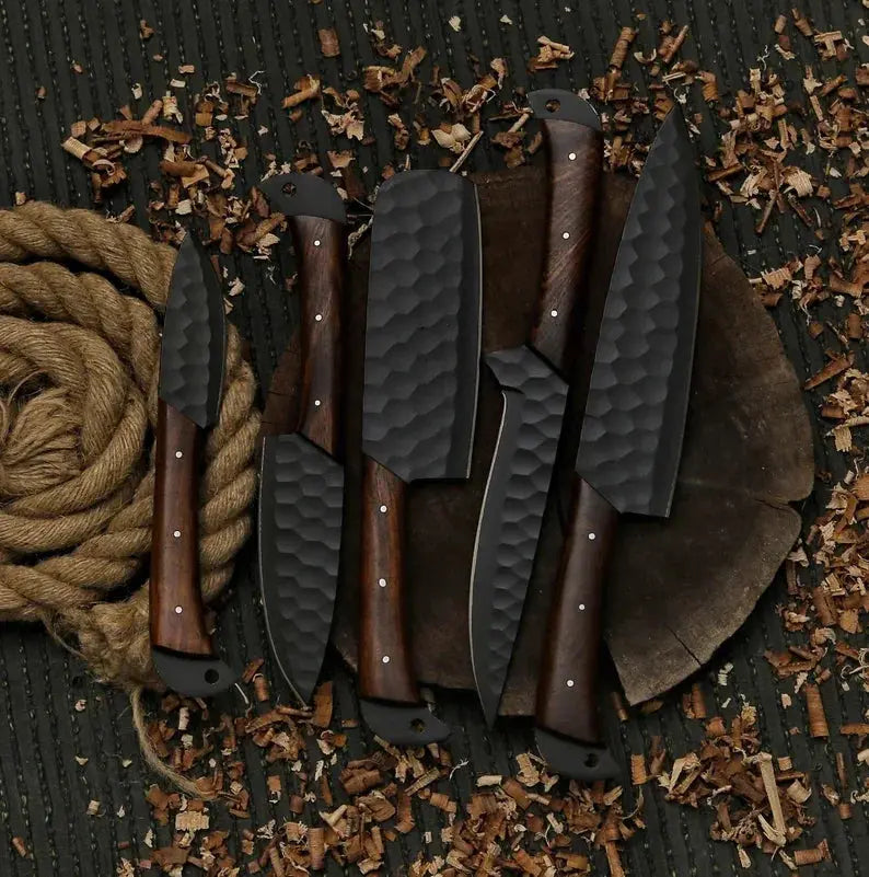 Hand-forged kitchen knives in a leather roll storage kit