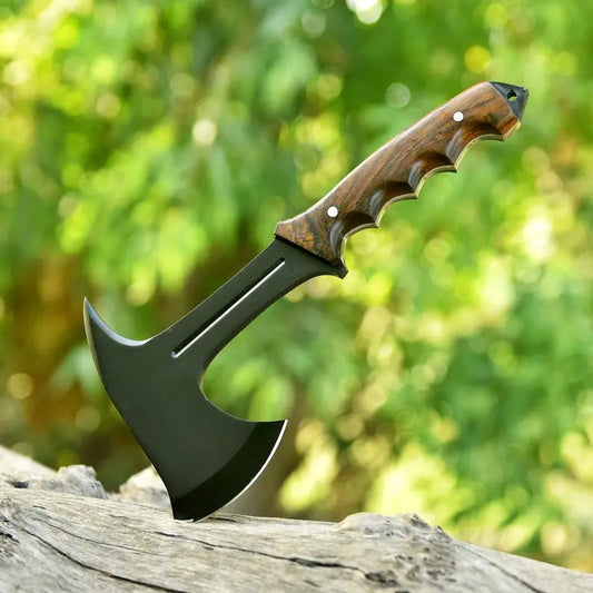 Handmade 52100 steel hatchet with rosewood handle and leather sheath