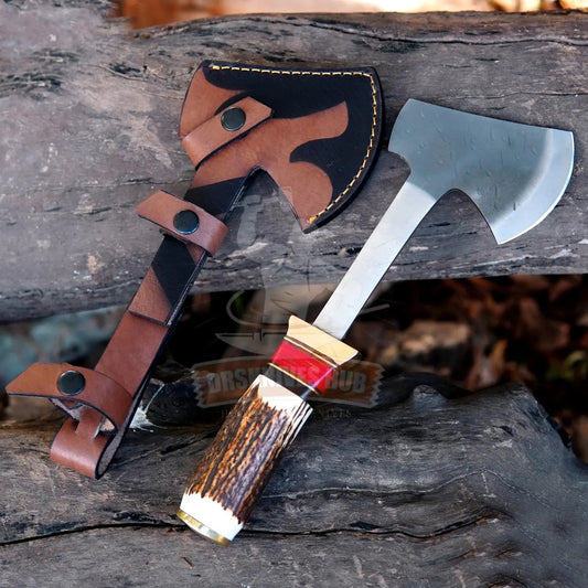 Handmade 12 inch bushcraft axe with natural stag handle