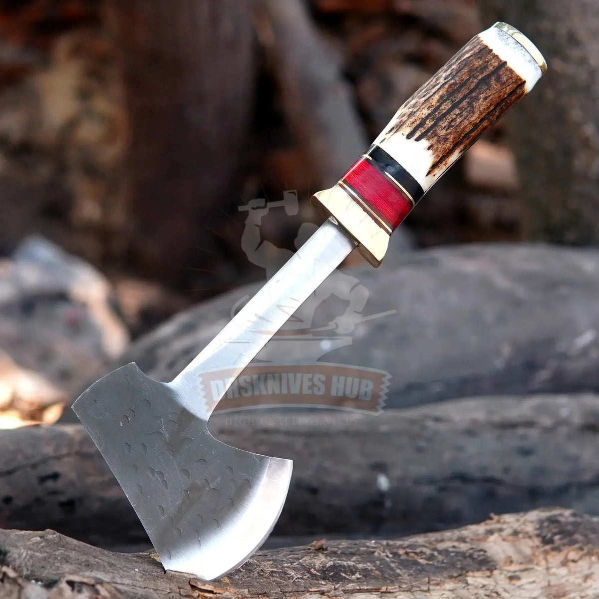 J2 steel bushcraft axe with stag and wood handle