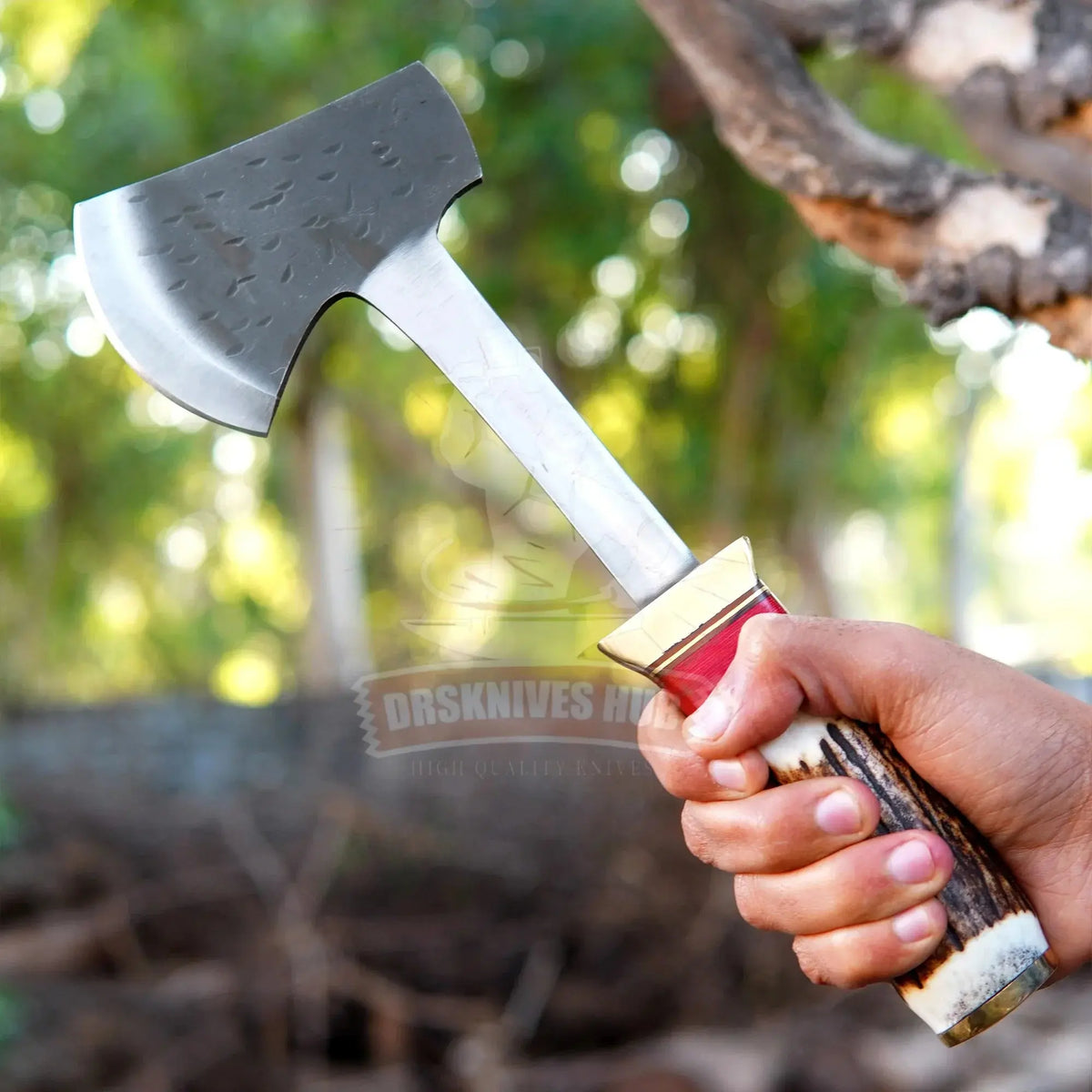 Handmade bushcraft axe with natural stag handle
