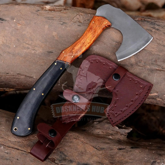 Handmade bushcraft axe with full tang construction and wooden handle
