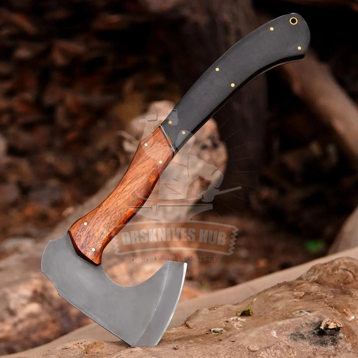 Handmade bushcraft axe with wooden handle and leather sheath