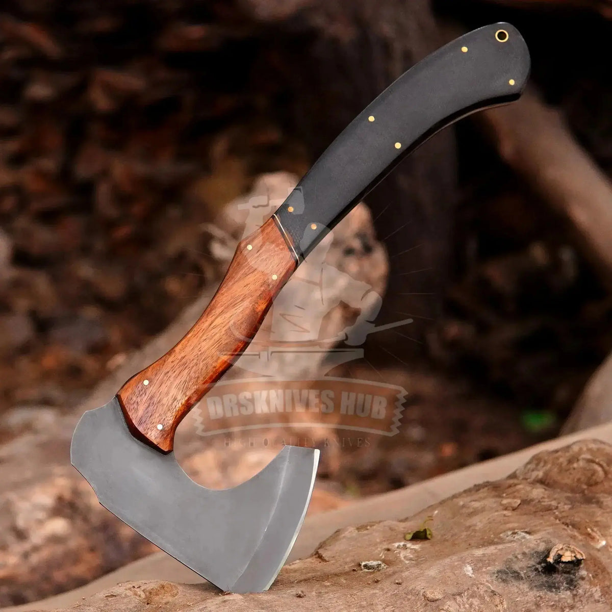 Handmade bushcraft axe with wooden handle