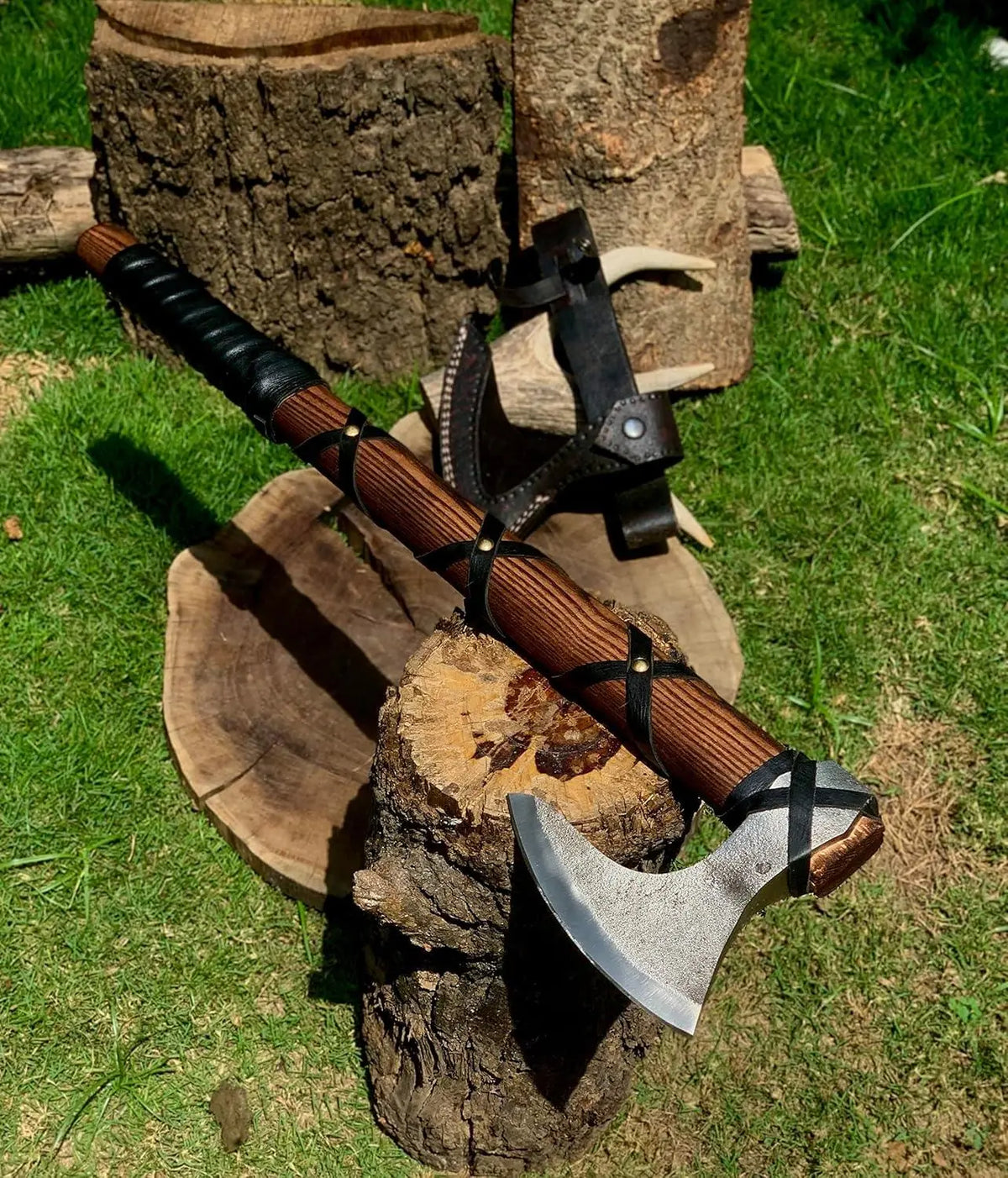 Carbon steel Viking axe with leather wrapped ash wood handle