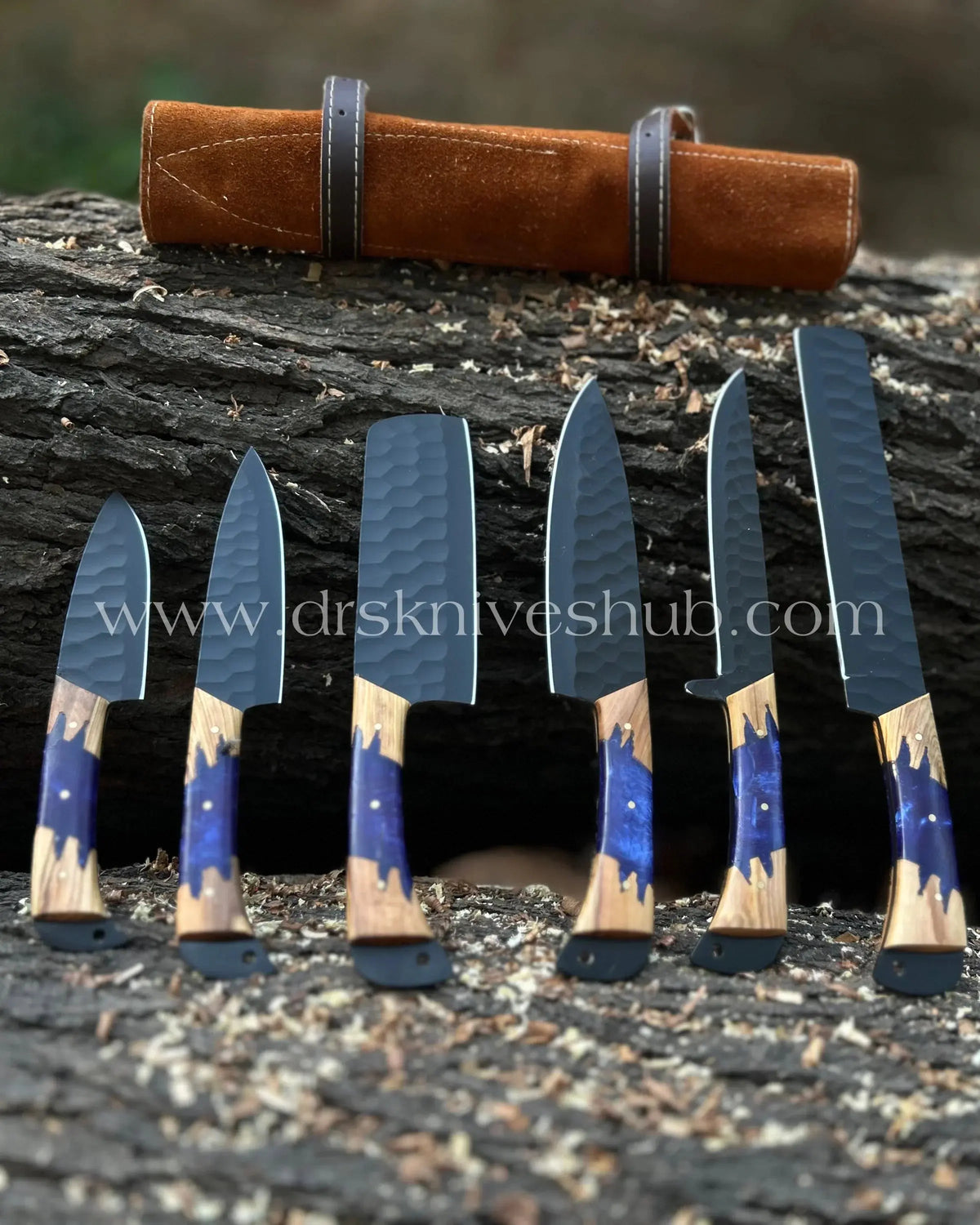 Handmade chef knife set with leather roll storage