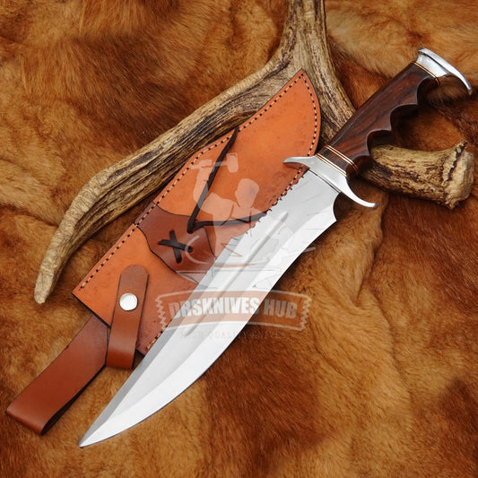 Handmade D2 steel Bowie knife with wood handle and cowhide leather sheath