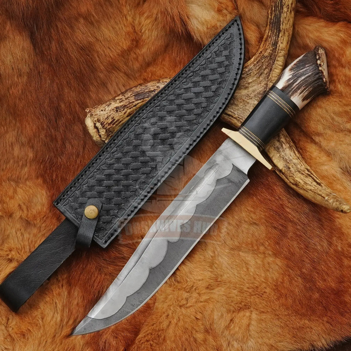 Handmade Damascus Bowie knife with genuine elk antler handle