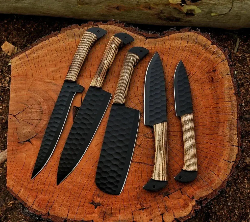 Handmade 1095 and 15N20 Damascus chef knives with rosewood and resin handles