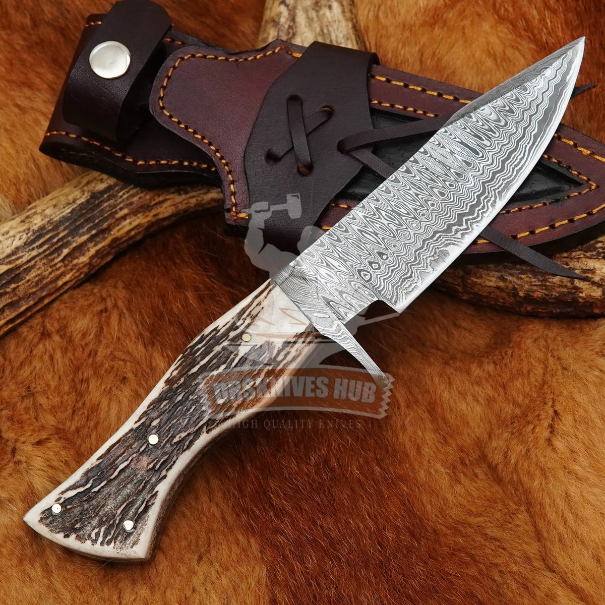 Handmade Damascus hunting knife with genuine antler handle
