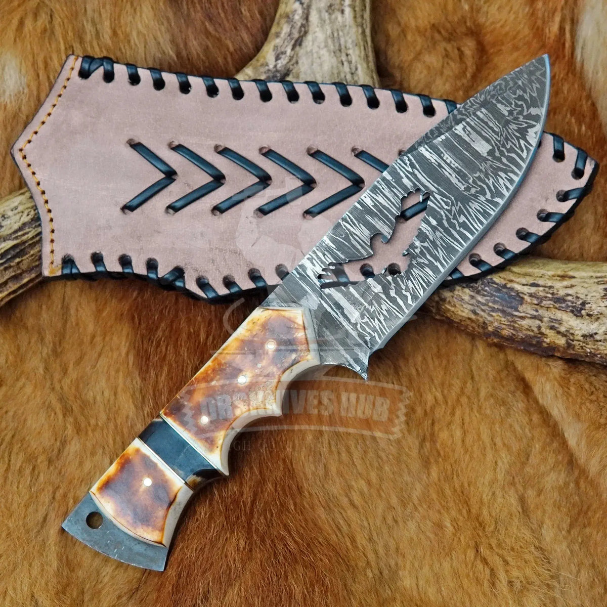 Handmade Damascus hunting knife with natural bone handle