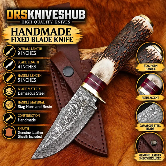 Handmade Damascus  Steel Hunting Knife 10" with Stag Handle | Leather Sheath DRSKNIVES HUB