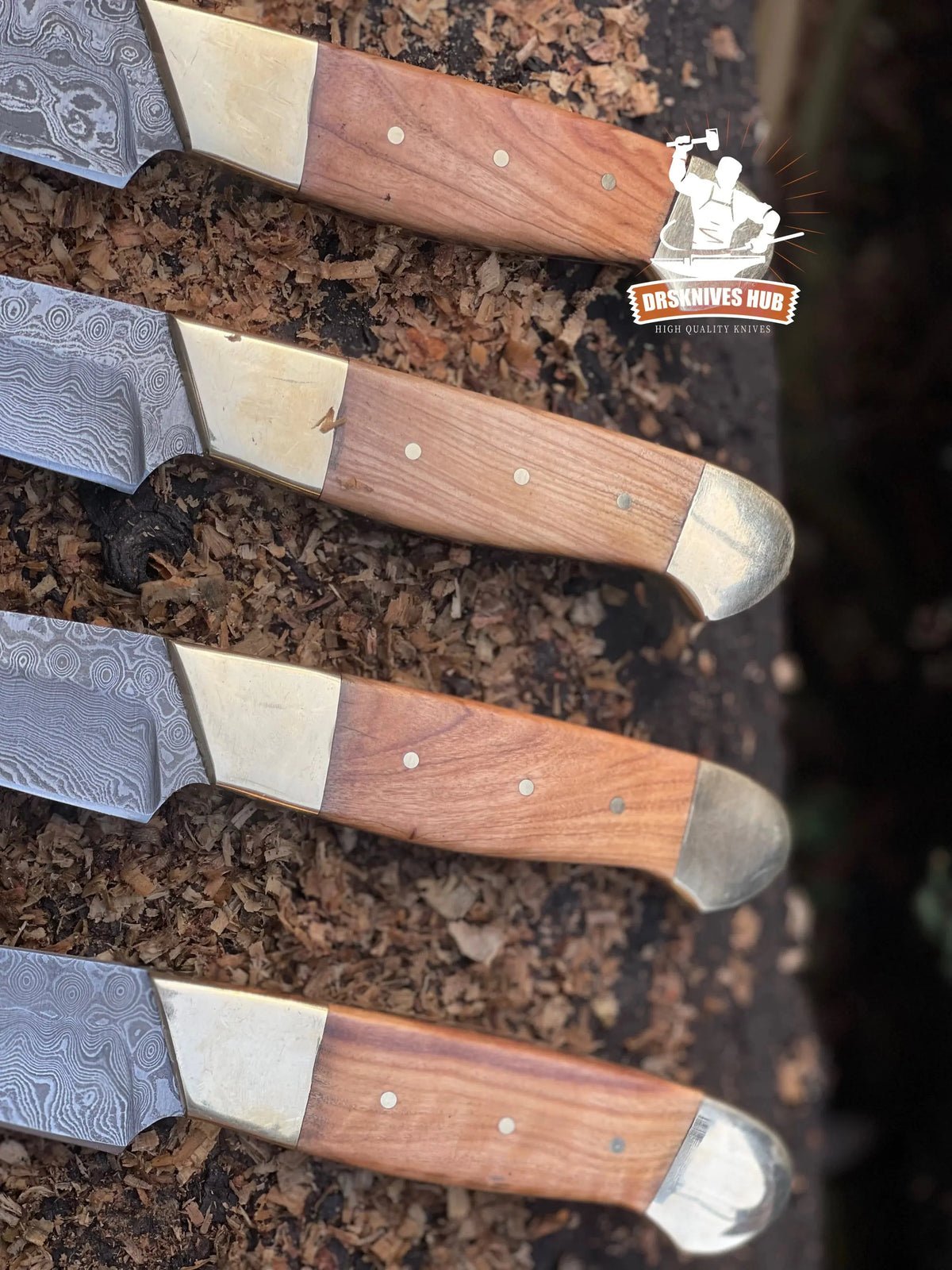 Handmade Damascus steak knife set with leather storage roll
