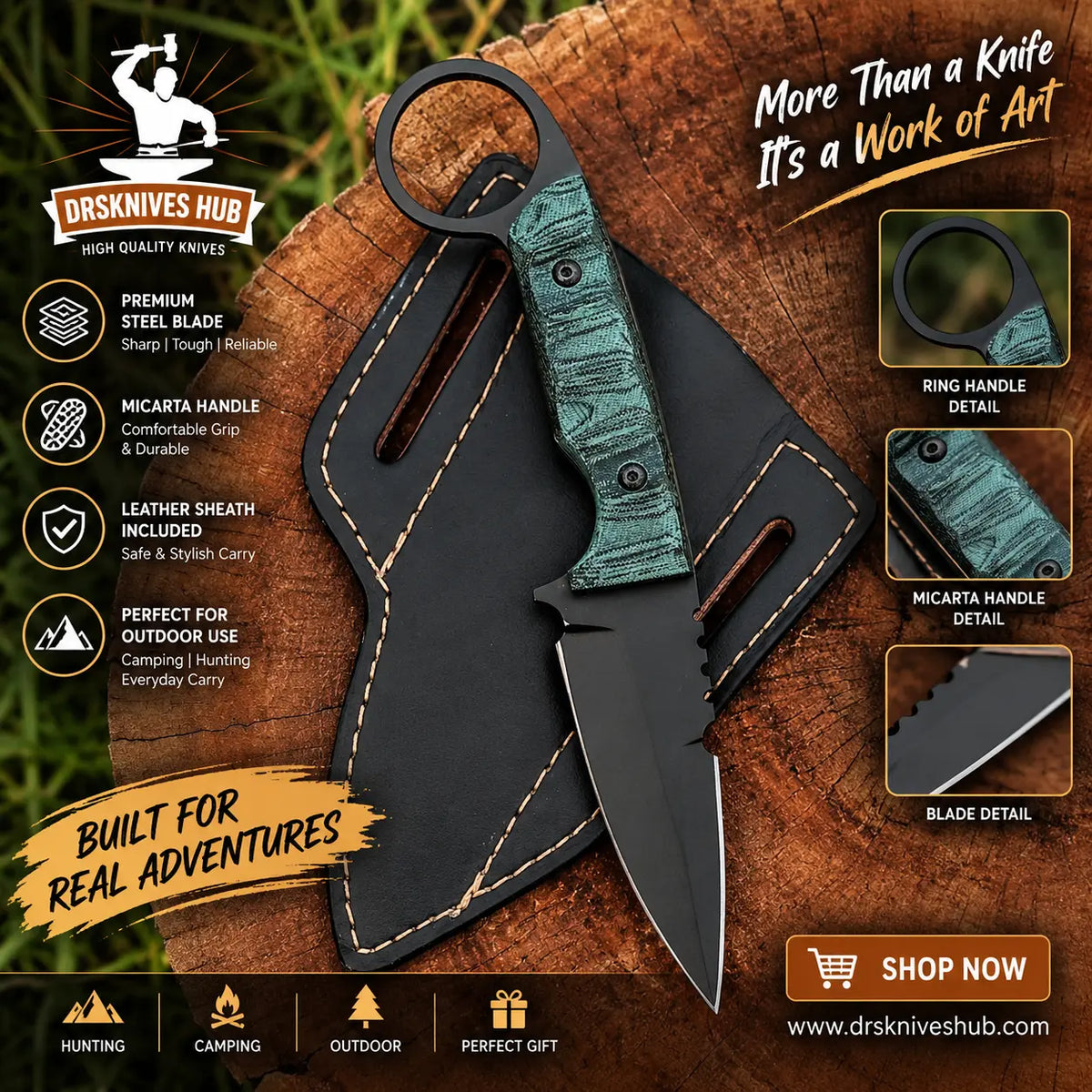 Handmade EDC fixed blade knife with green Micarta handle and leather sheath