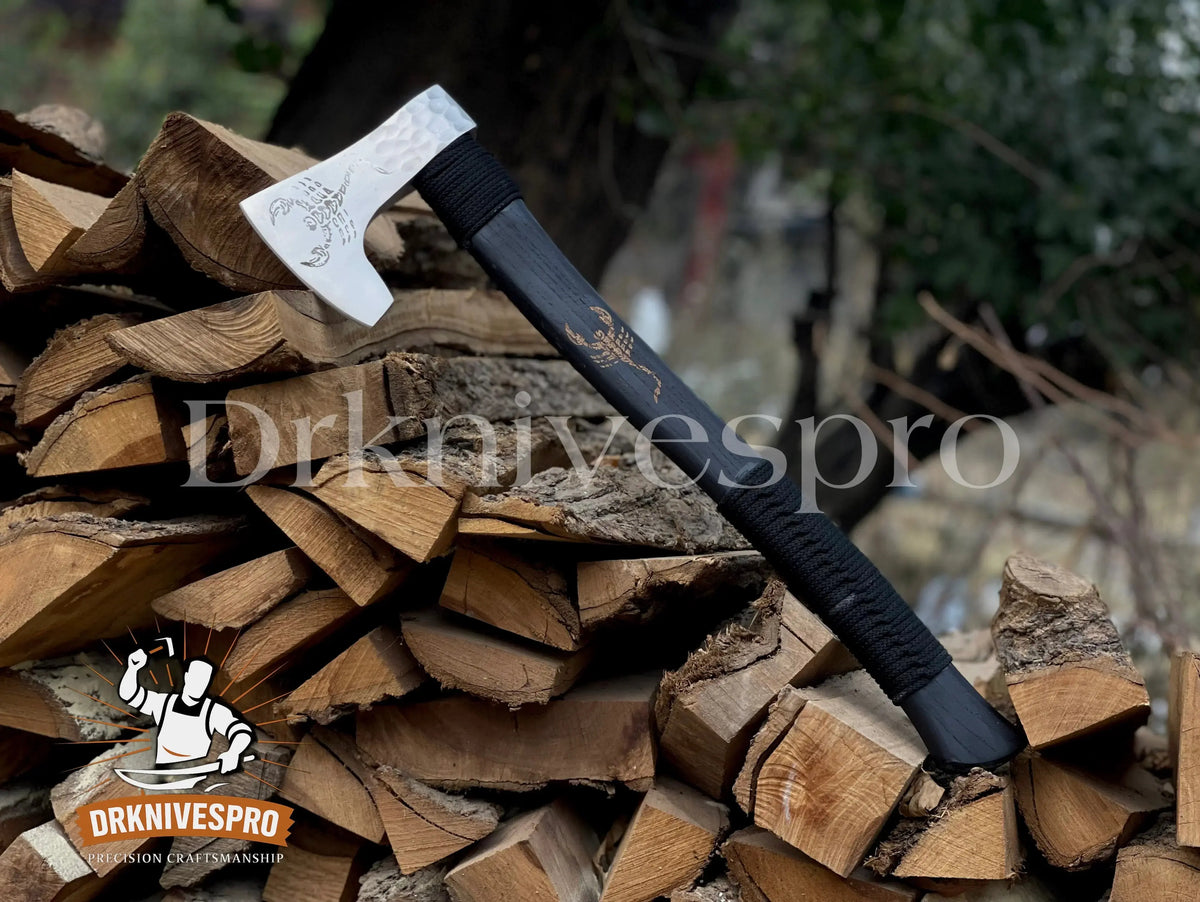 Handmade engraved carbon steel woodcarving axe with scorpion design