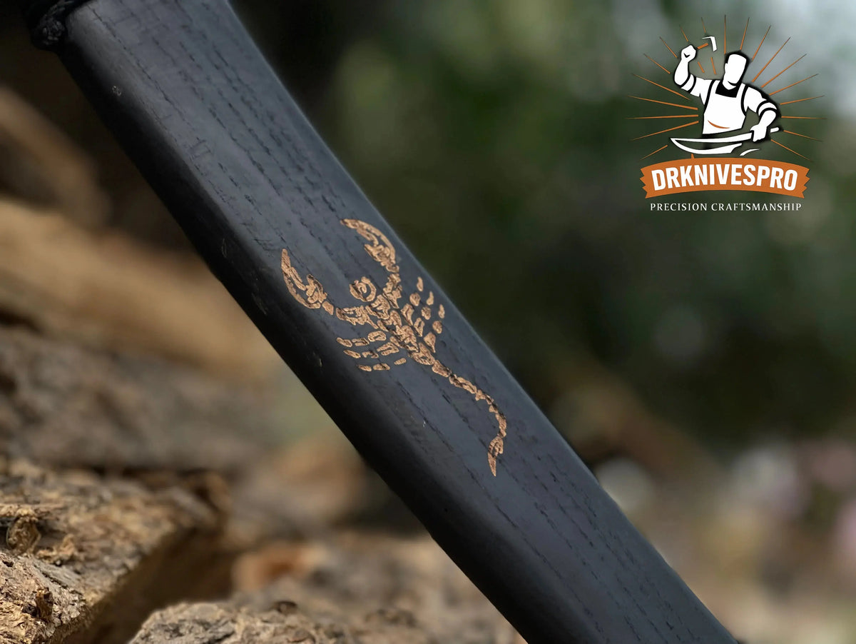 Engraved scorpion design on handmade axe