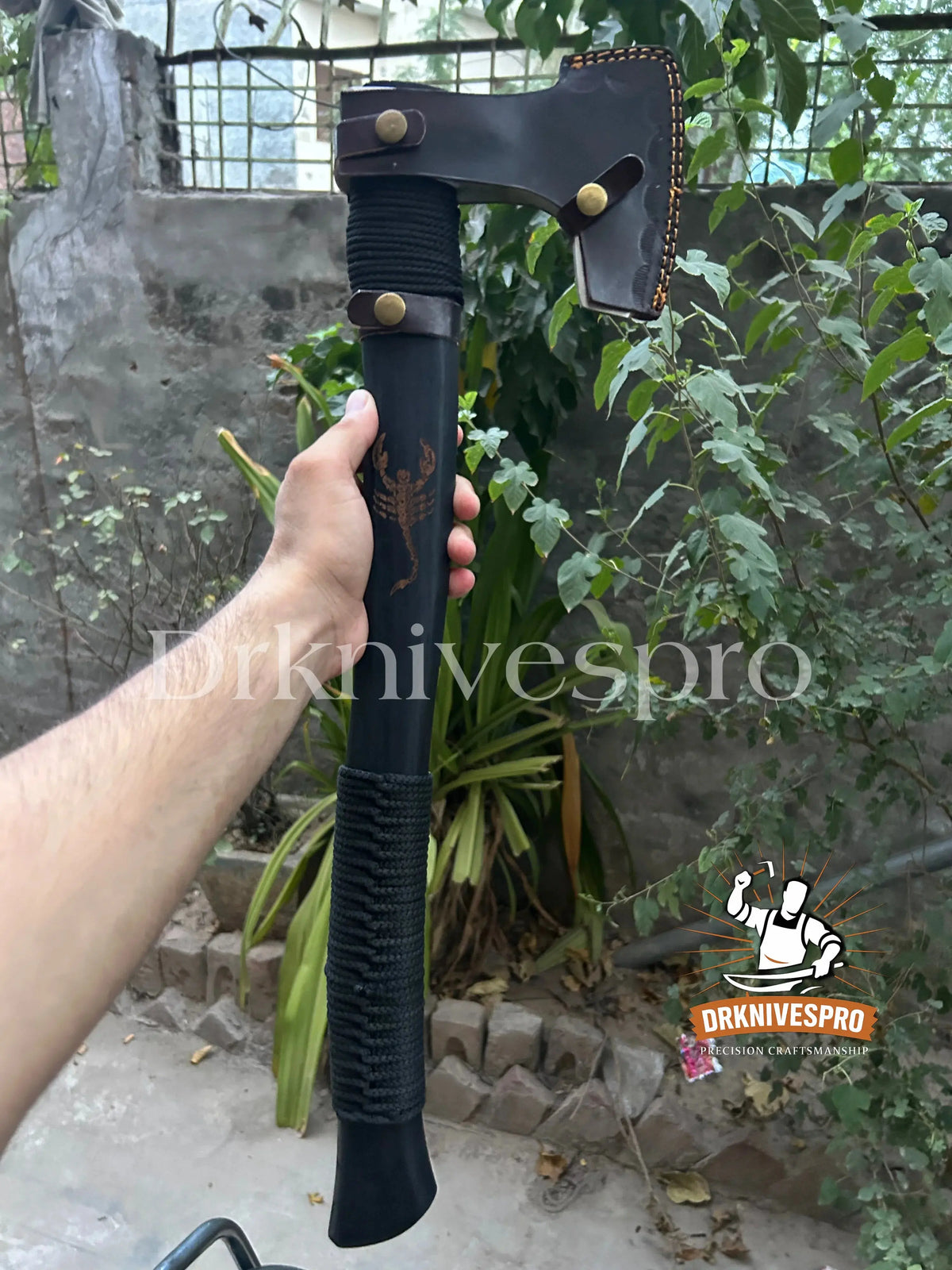 Handmade woodcarving axe with leather sheath