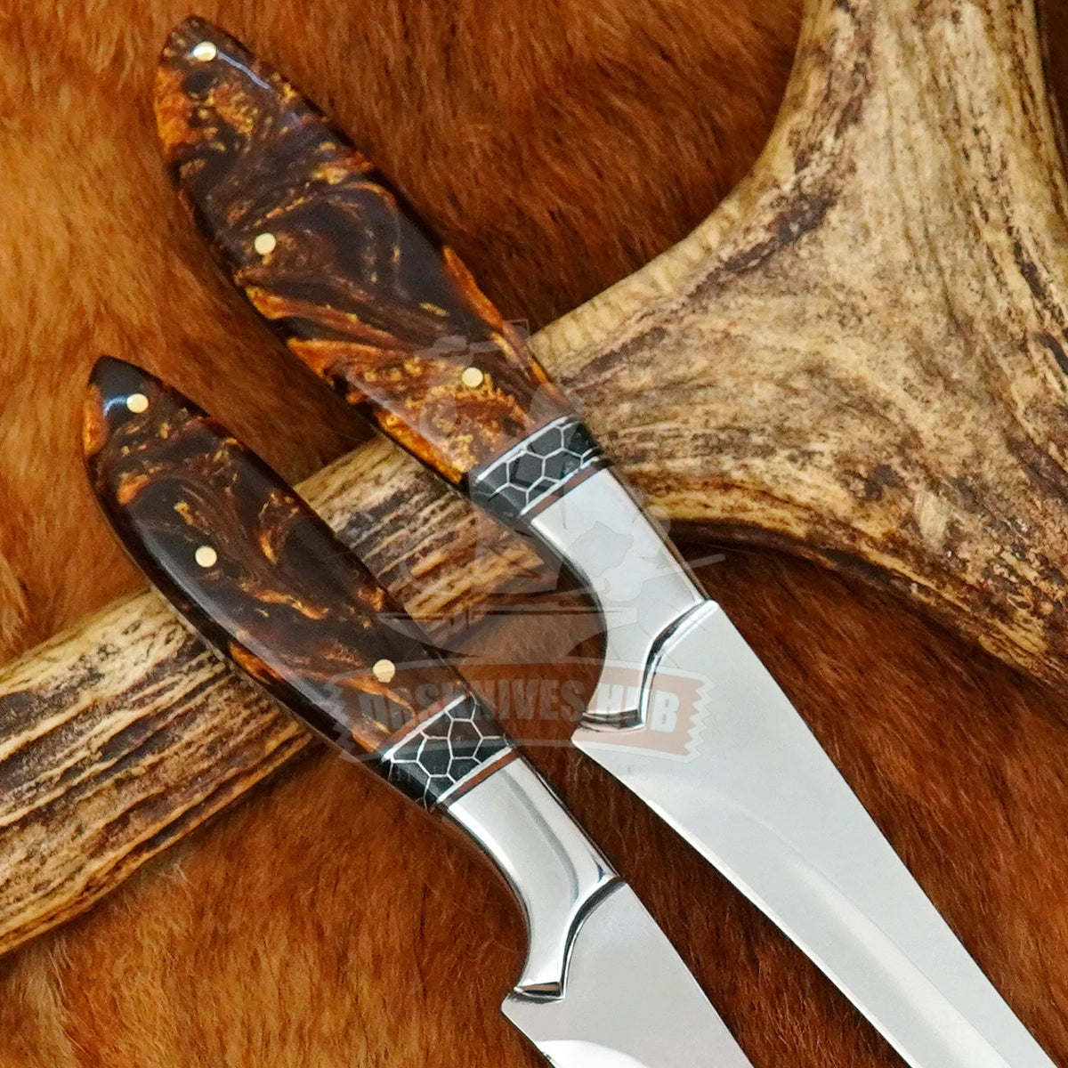 Two handmade fillet knives with decorative resin handles