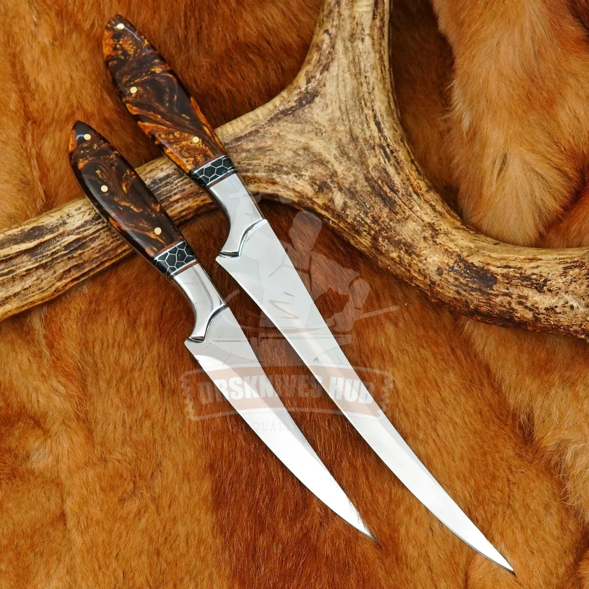 Handmade fillet knives with resin handles and leather sheaths