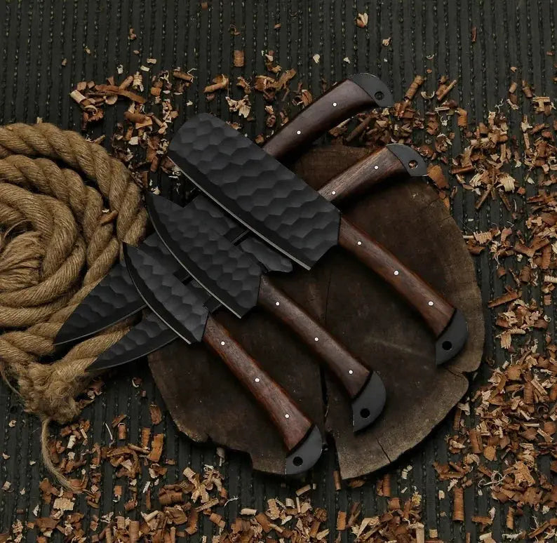 Handmade kitchen knife set with organized leather storage