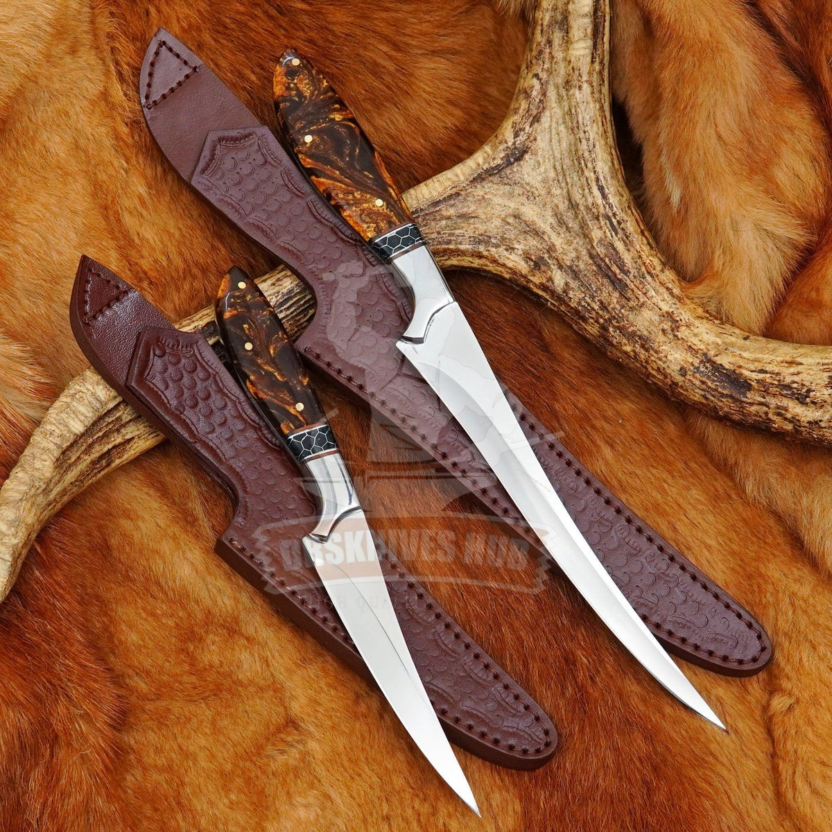 Handmade stainless steel fishing fillet knife pair with resin handles and leather sheaths