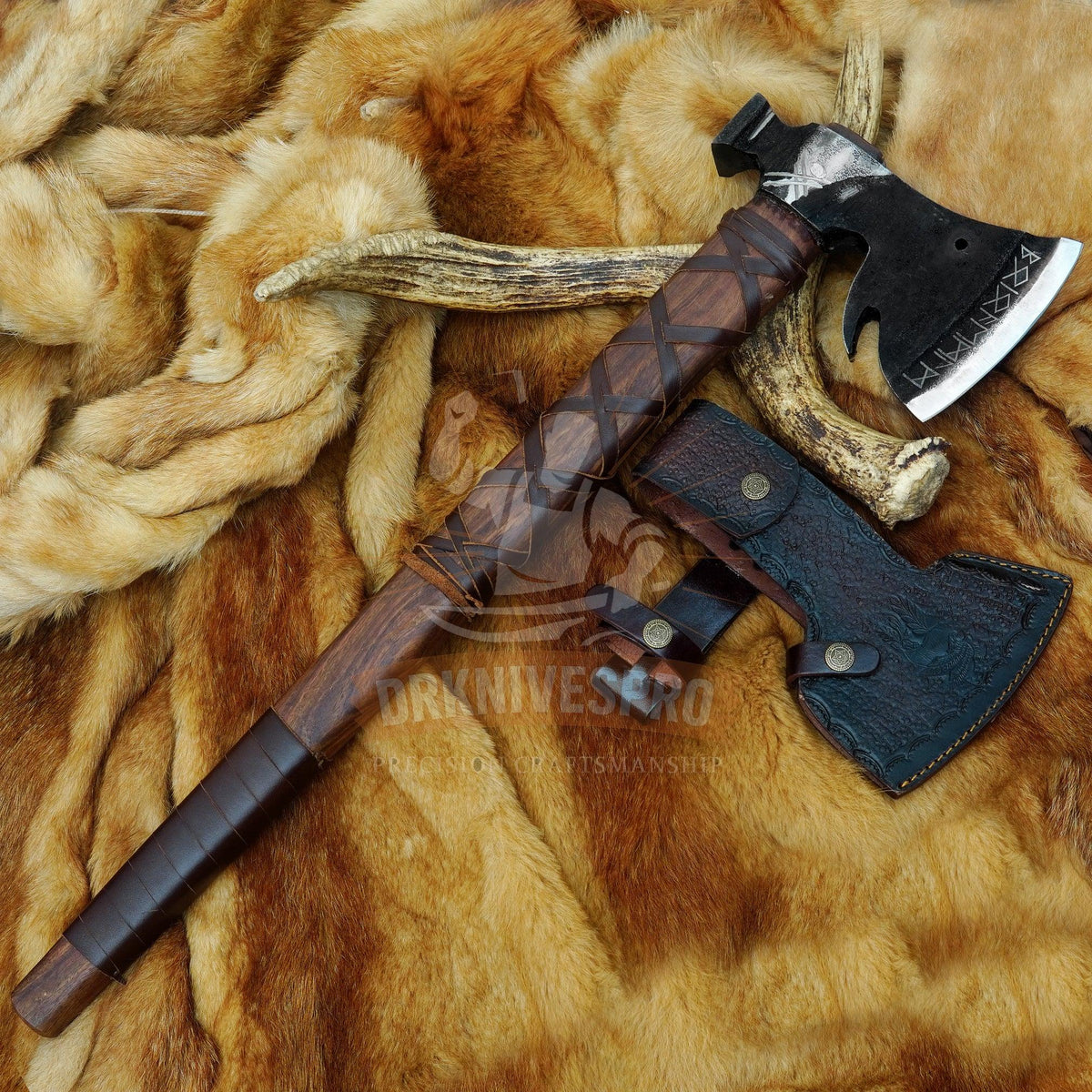 Viking style axe with leather wrapped hardwood handle