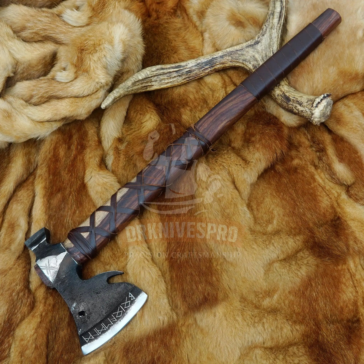 Hand forged carbon steel Viking axe with leather handle