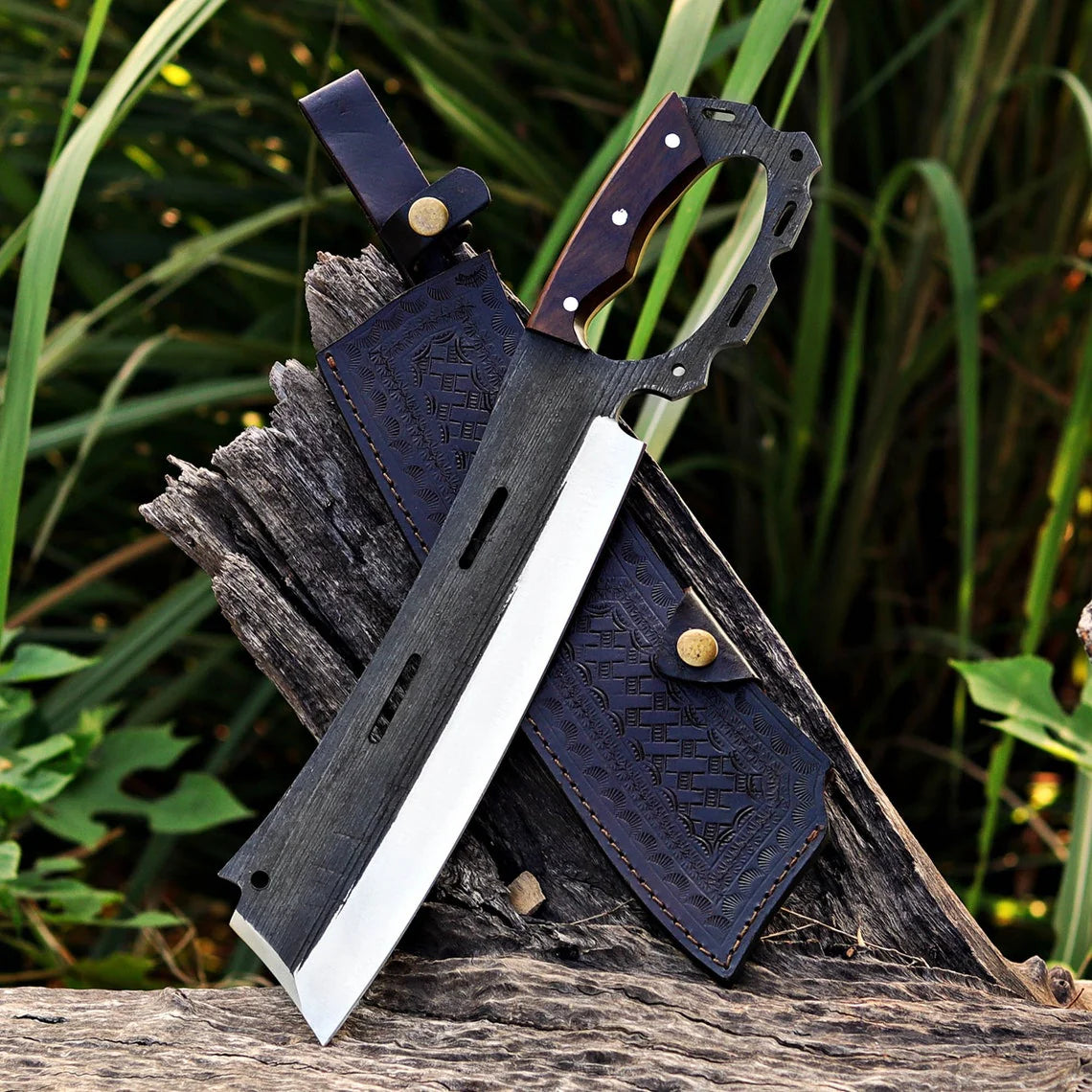 Chopper Knife Custom Handmade Carbon  Steel Splitter Chopper Knife Wood Handle With Leather Sheath Cover -Drs Knives Hub