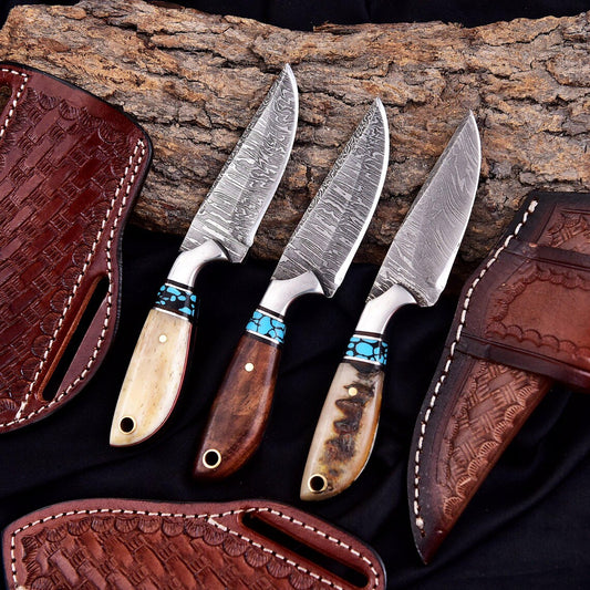 Damascus Skinning Knife 6" – Rosewood, Turquoise & Bone Handle | DRSKNIVES HUB