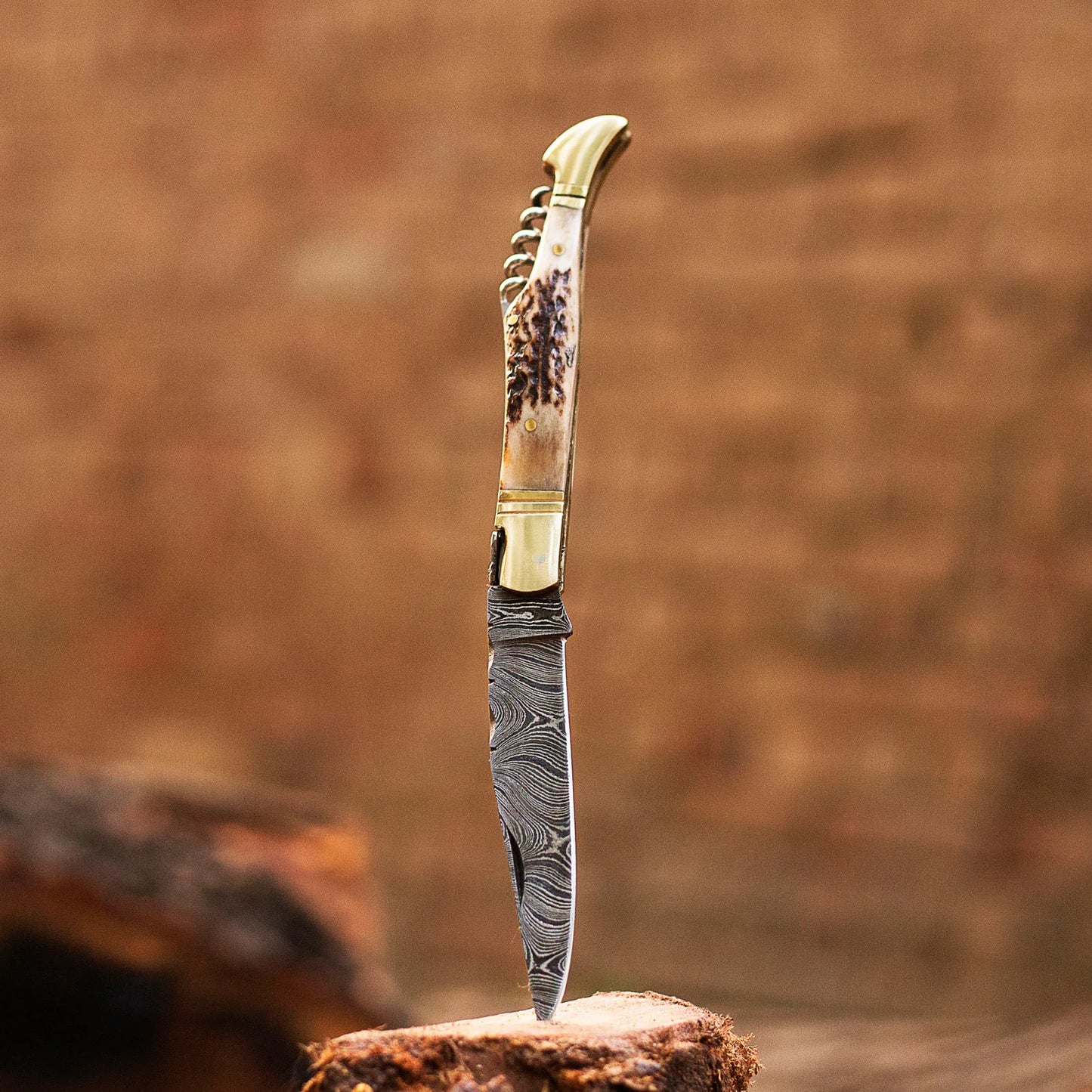 Folding Knife Handmade Damascus Steel Folding Pocket Knife Antler Horn Handle With Leather Sheath Cover