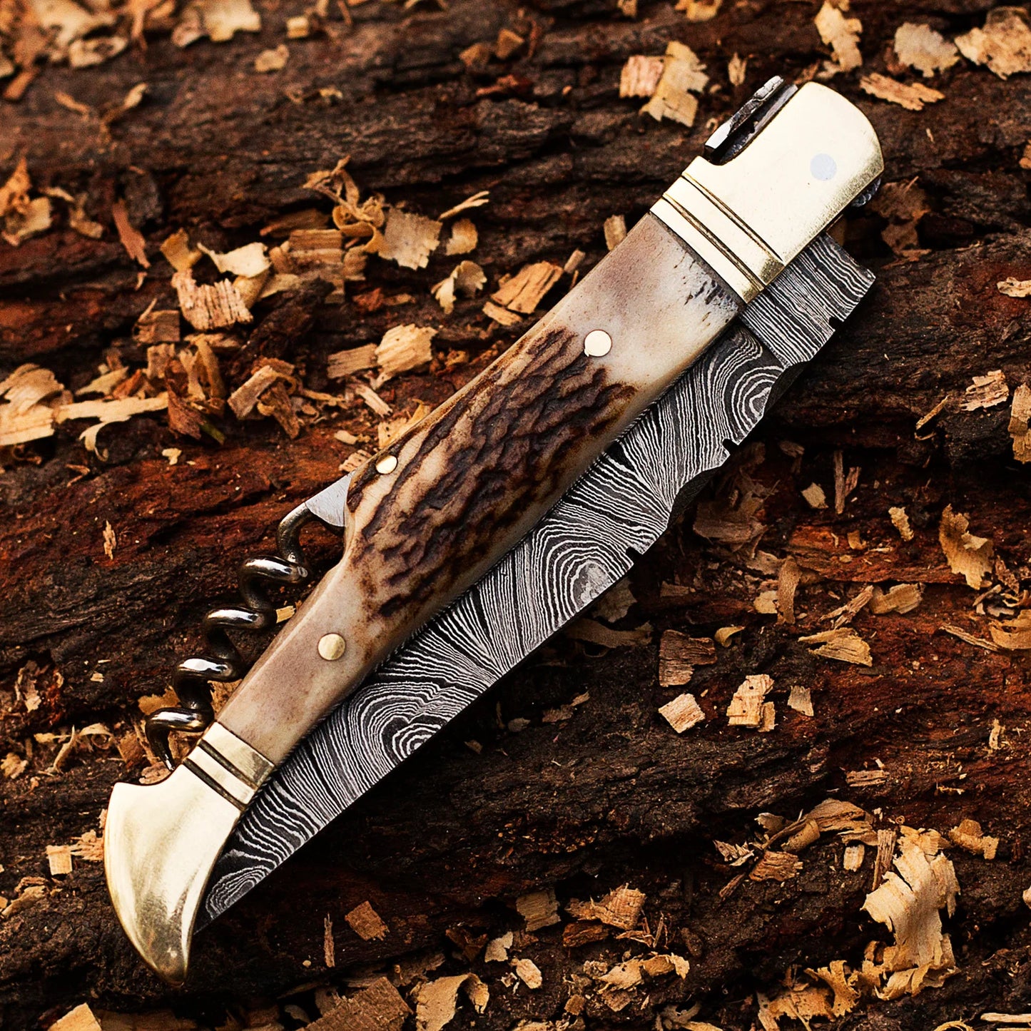 Folding Knife Handmade Damascus Steel Folding Pocket Knife Antler Horn Handle With Leather Sheath Cover