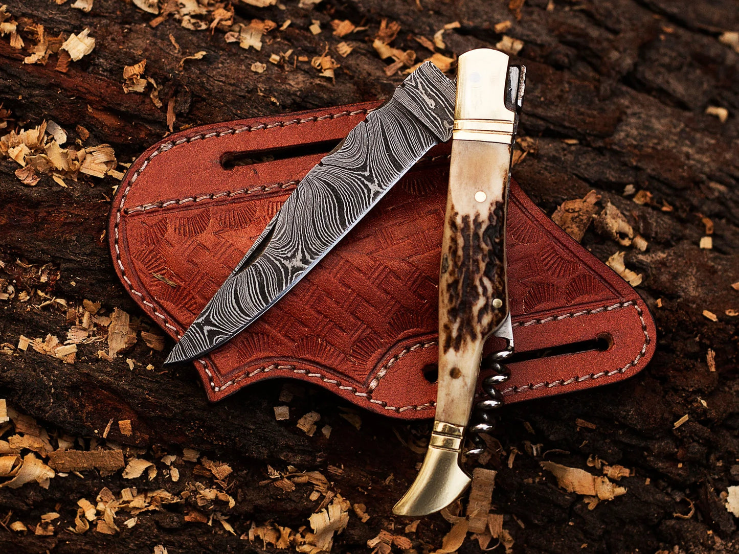 Folding Knife Handmade Damascus Steel Folding Pocket Knife Antler Horn Handle With Leather Sheath Cover